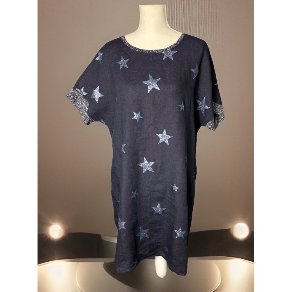 Bellambra Star Tunic Dress Women XL Blue Linen Blend Lurex Trim Shift Italy Boho